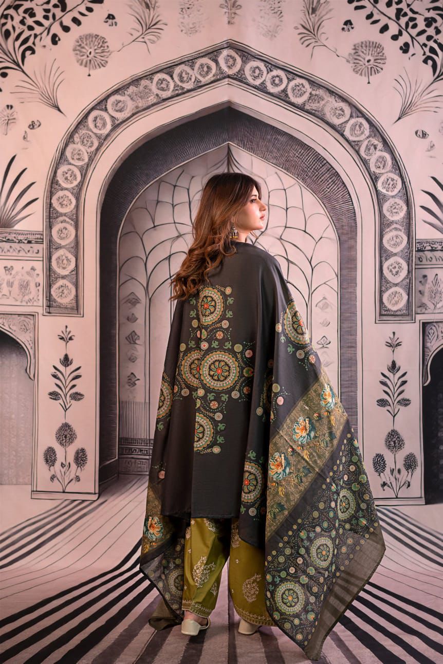 URGE-3PC DHANAK EMBROIDERED SHIRT WITH COUTRAI PRINTED SHAWL & EMB TROUSER-ADR-4126