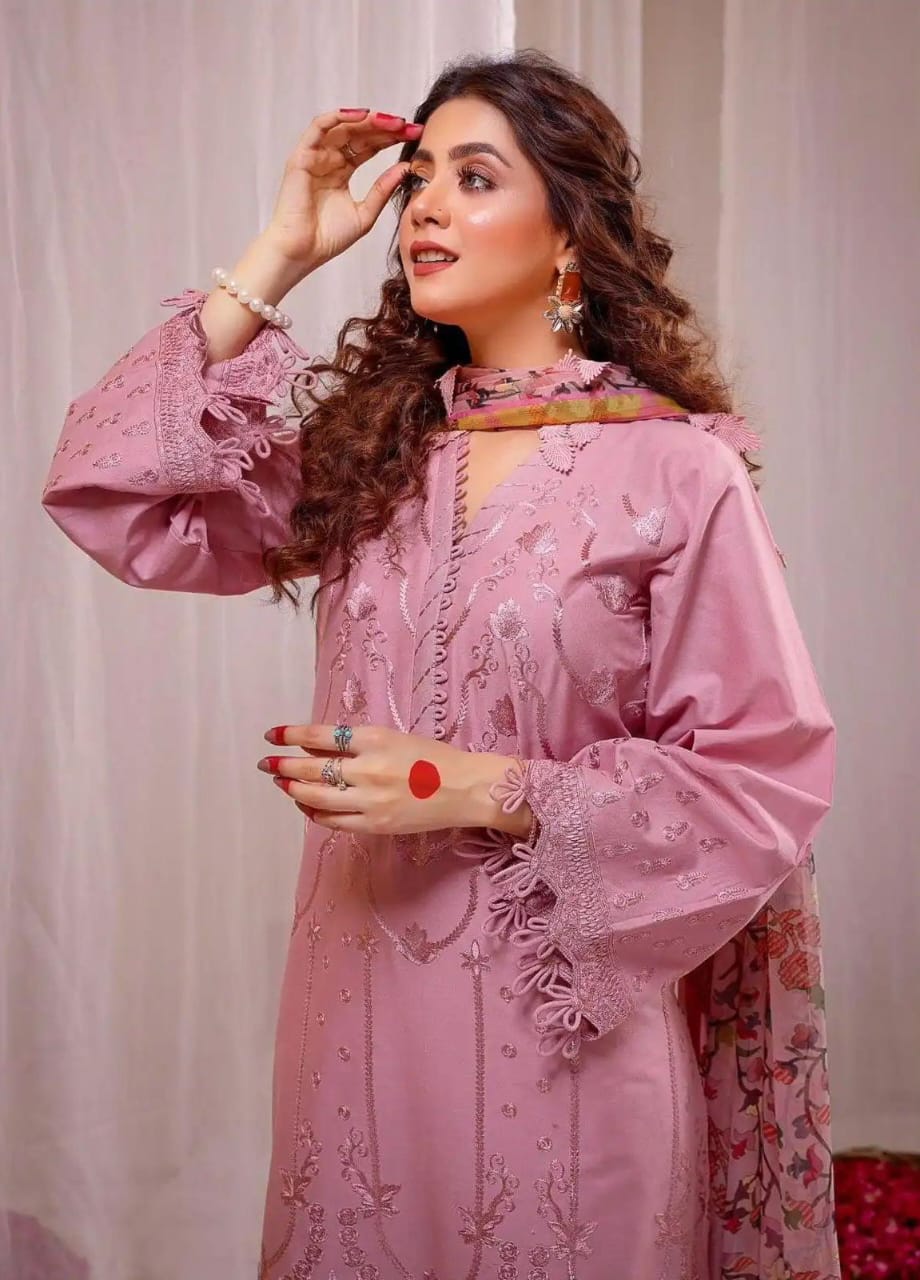 3PC Lawn Heavy Embroidered Shirt & Silk Digital Printed Dupatta.