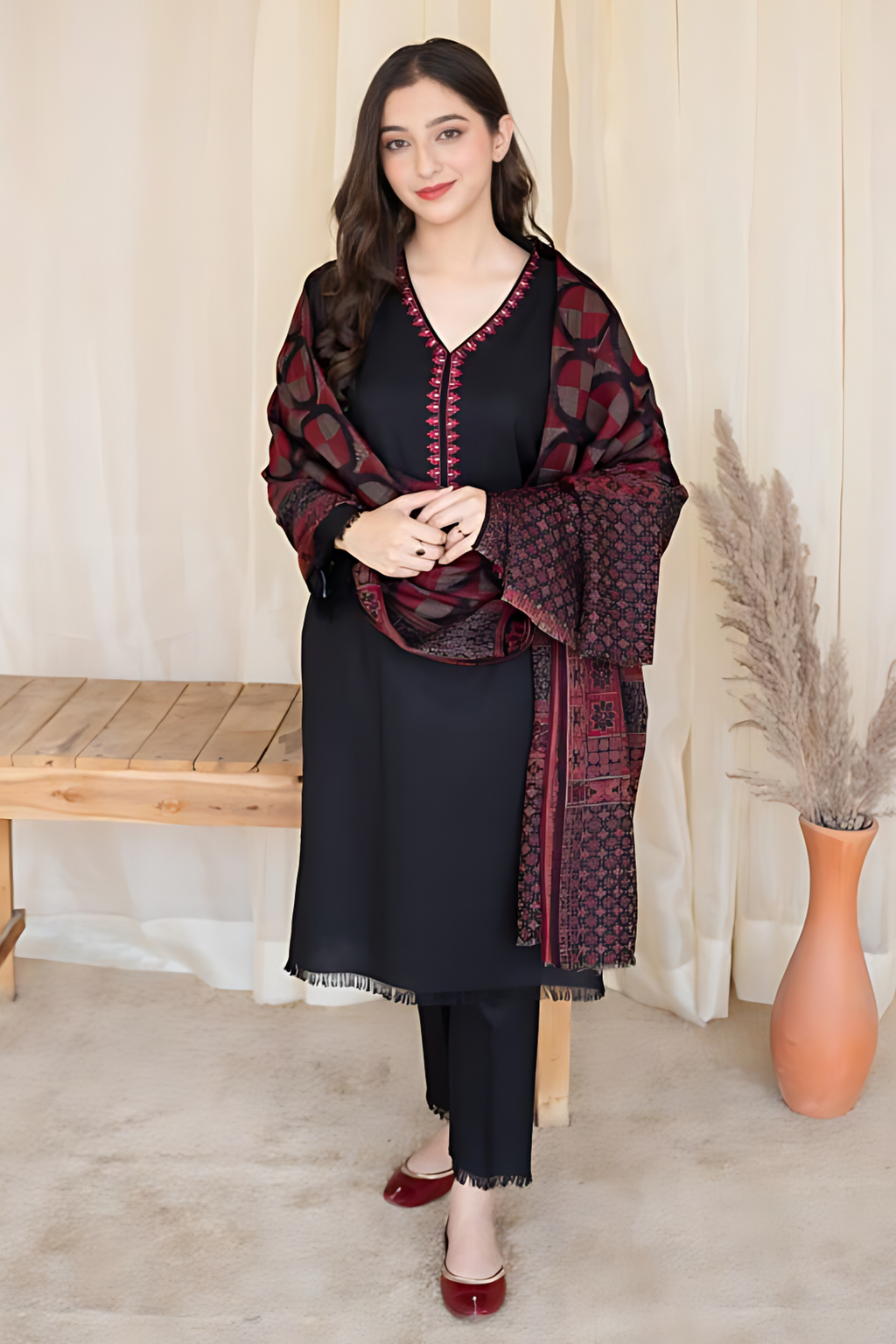 AISLING - 3PC DHANAK EMBROIDERED SHIRT WITH SLUB WOOL SHAWL AND TROUSER