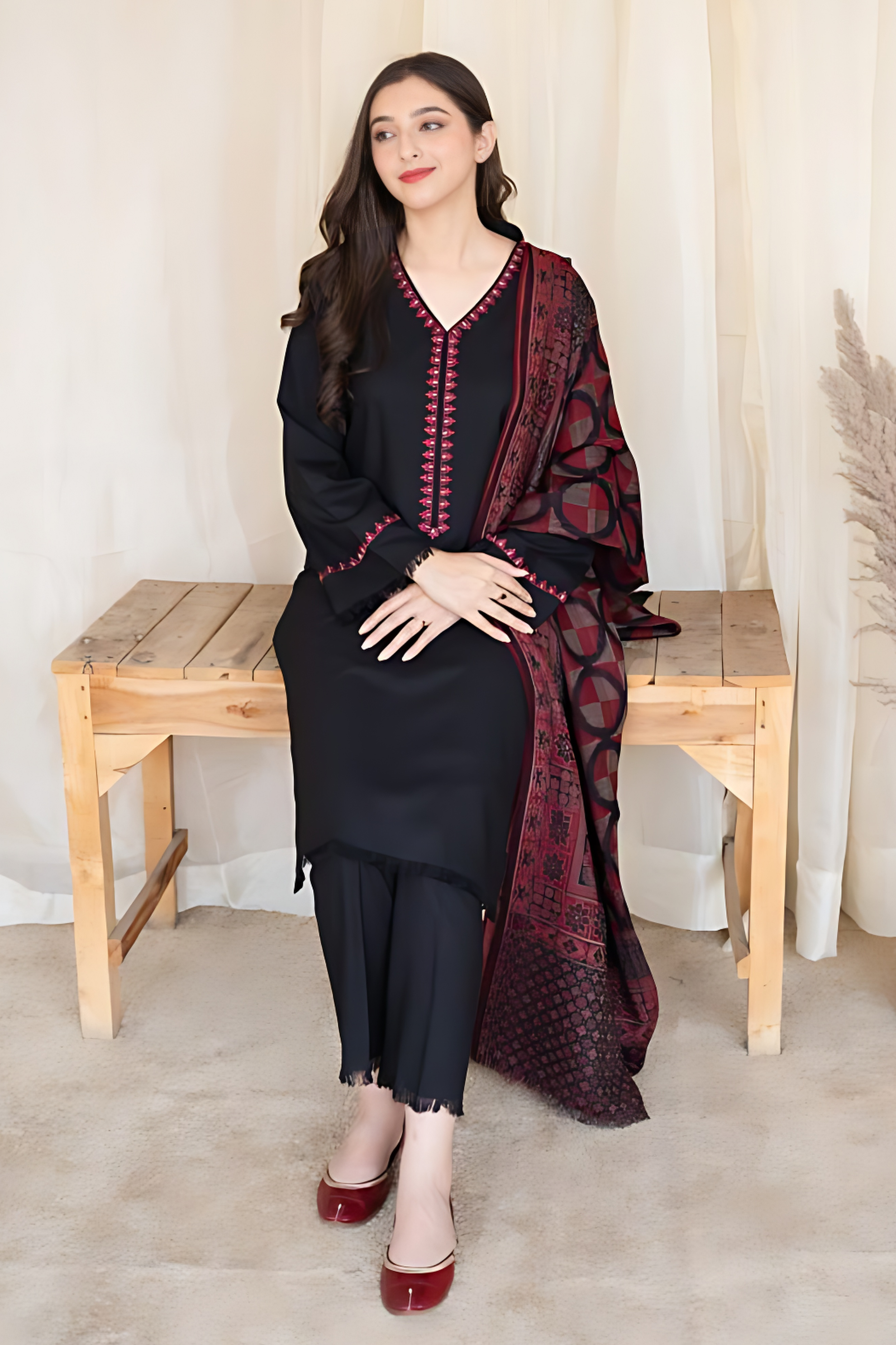 AISLING - 3PC DHANAK EMBROIDERED SHIRT WITH SLUB WOOL SHAWL AND TROUSER