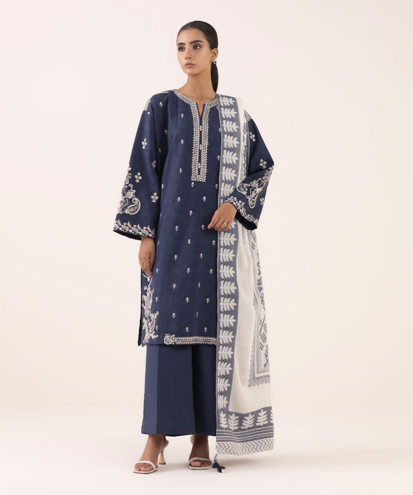 3 Piece - Embroidered Cotton Jacquard Suit