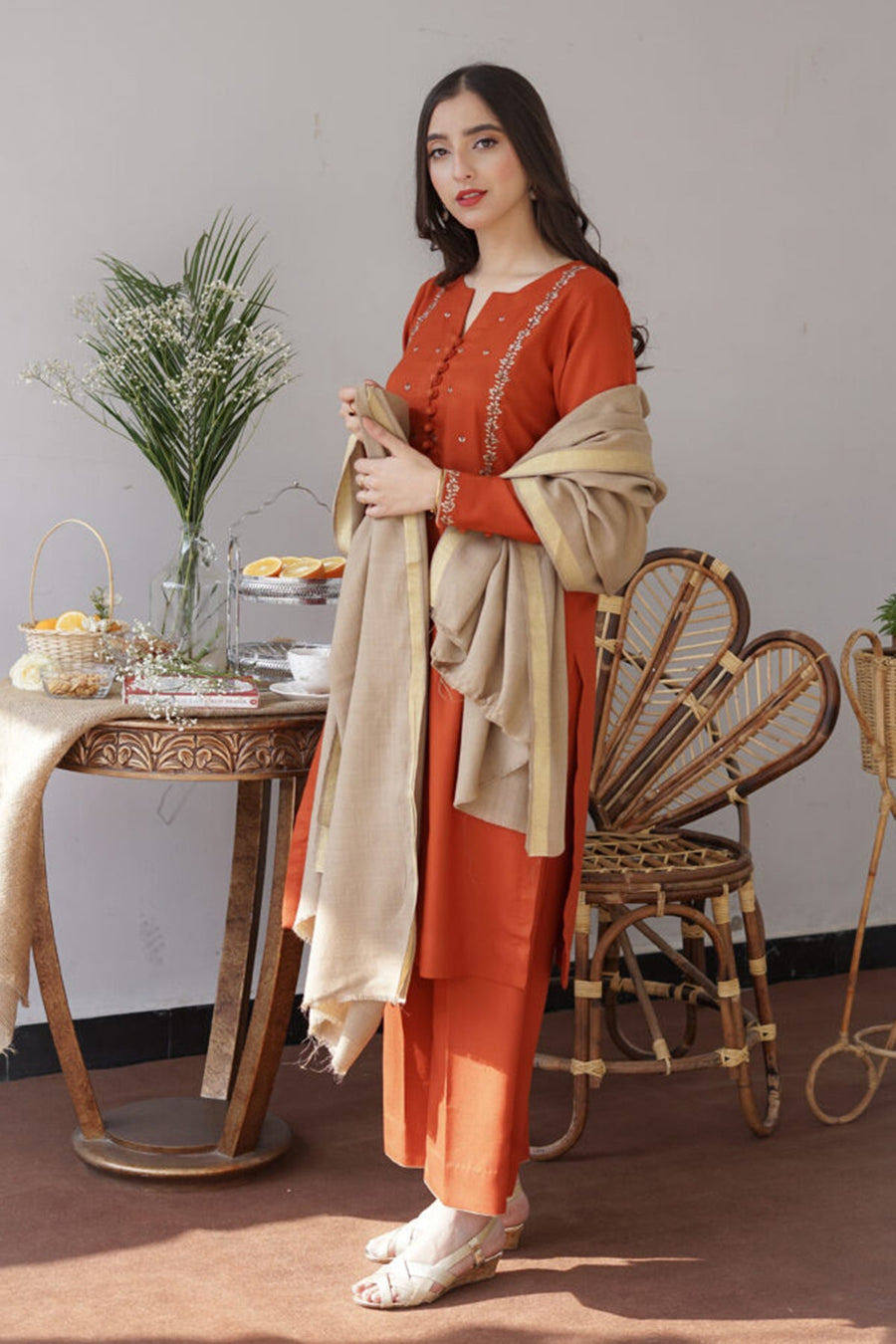 Aisling Carrot 3PC Embroidered Dhanak with Embroidered Dhanak Shawl