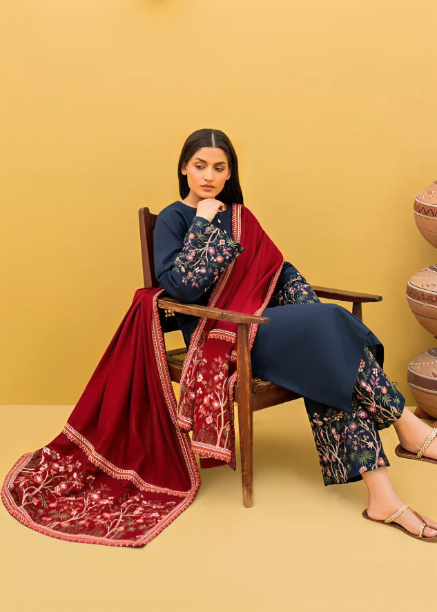 WINTER 3-Pc Embroidered Dhanak Suit with Heavy Embroidered Dhanak Shawll