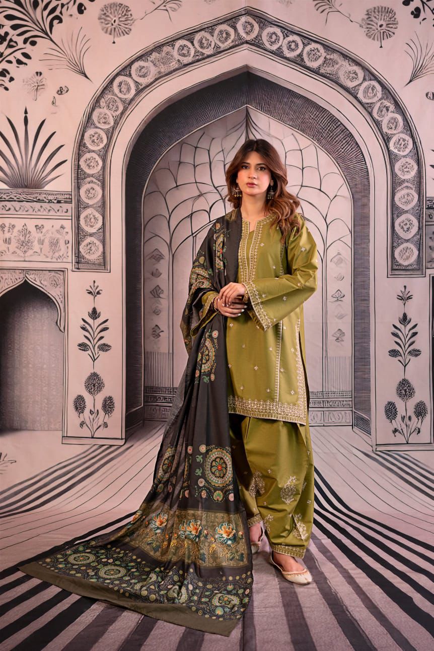 URGE-3PC DHANAK EMBROIDERED SHIRT WITH COUTRAI PRINTED SHAWL & EMB TROUSER-ADR-4126