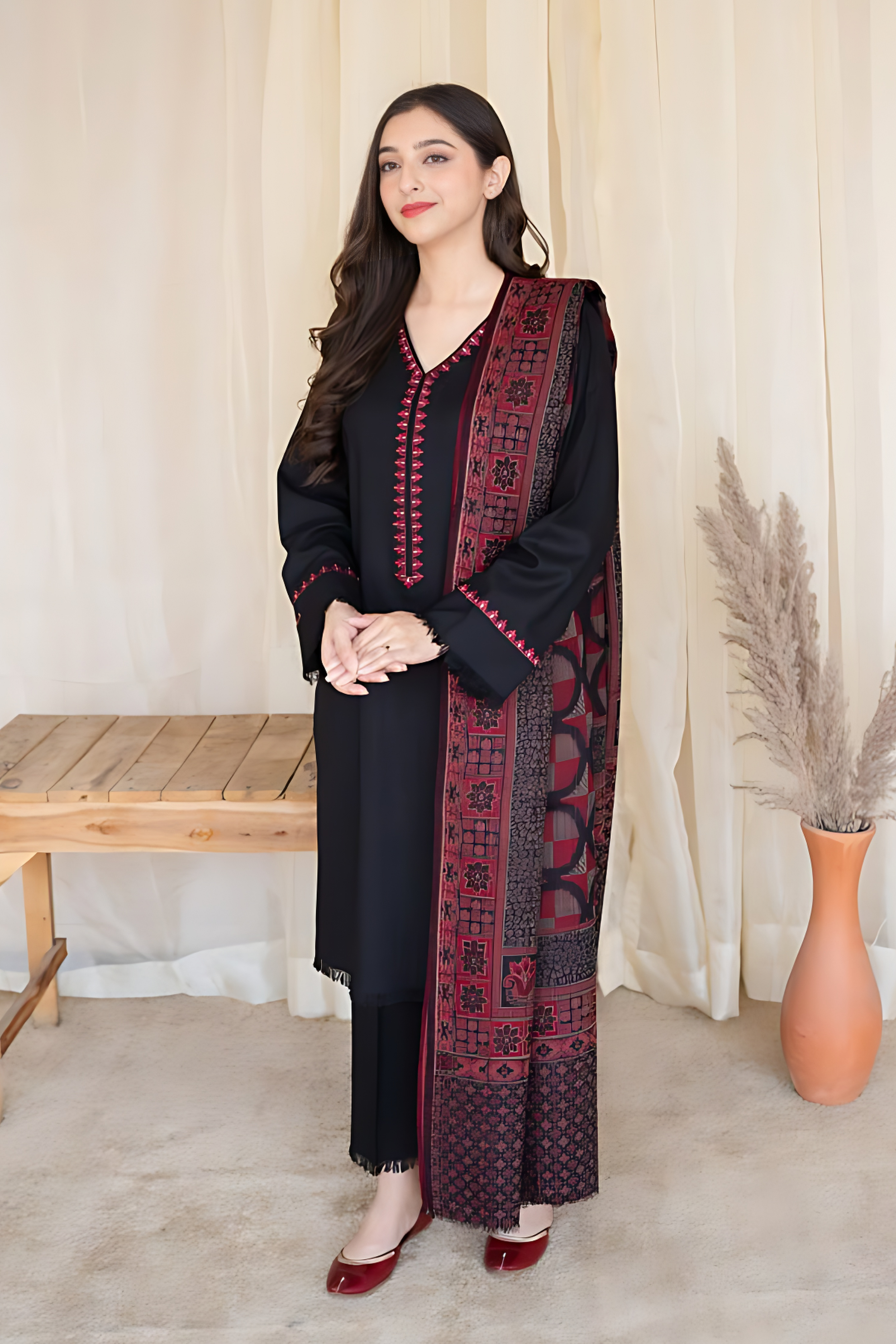 AISLING - 3PC DHANAK EMBROIDERED SHIRT WITH SLUB WOOL SHAWL AND TROUSER