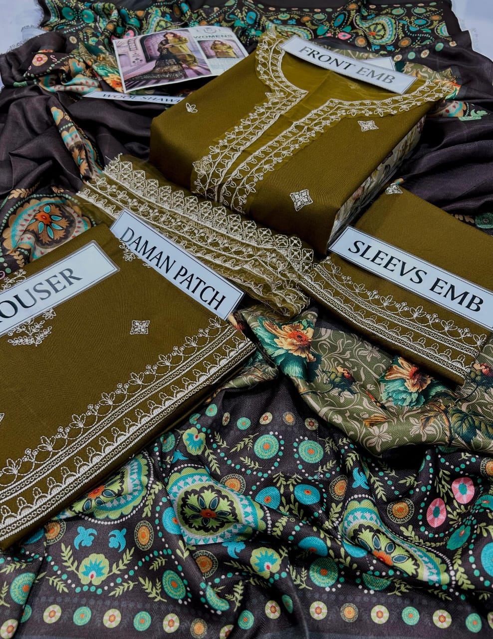 URGE-3PC DHANAK EMBROIDERED SHIRT WITH COUTRAI PRINTED SHAWL & EMB TROUSER-ADR-4126
