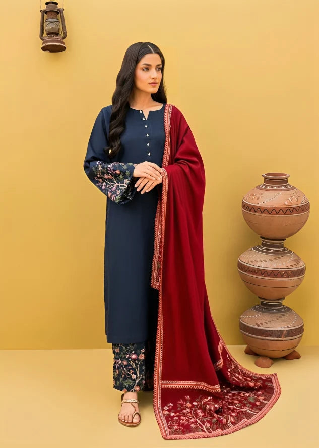 WINTER 3-Pc Embroidered Dhanak Suit with Heavy Embroidered Dhanak Shawll