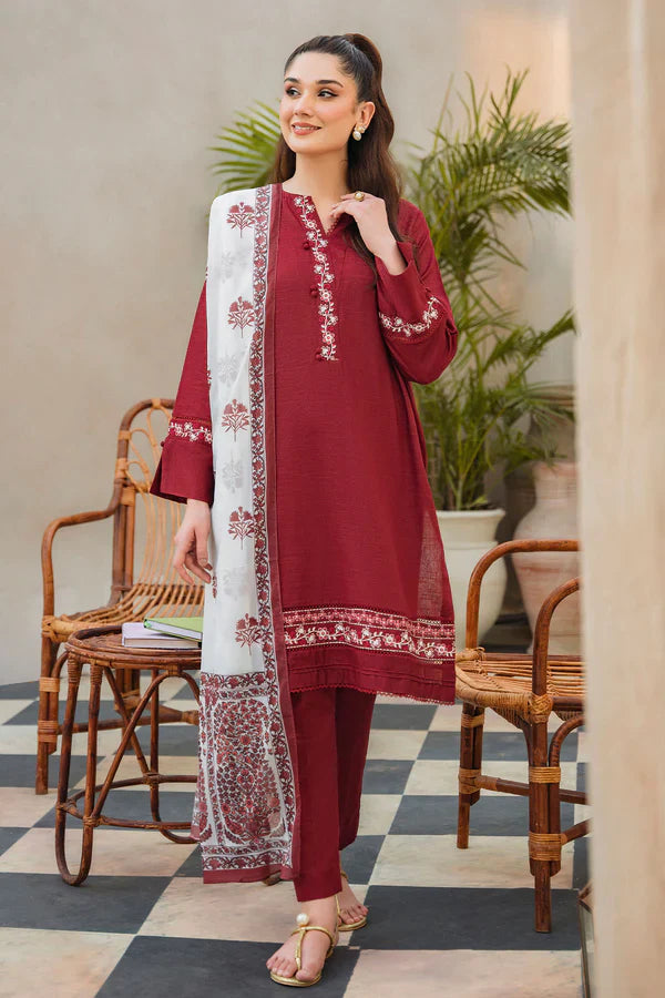ZIVA - 3PC LAWB EMBROIDERED SHIRT WITH MANAAR PRINTED DUPATTA AND TROUSER