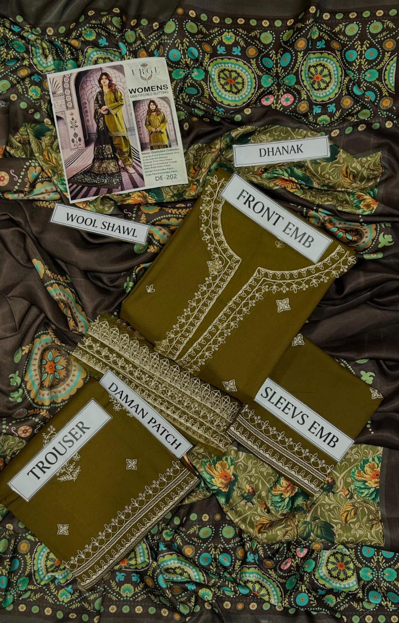 URGE-3PC DHANAK EMBROIDERED SHIRT WITH COUTRAI PRINTED SHAWL & EMB TROUSER-ADR-4126